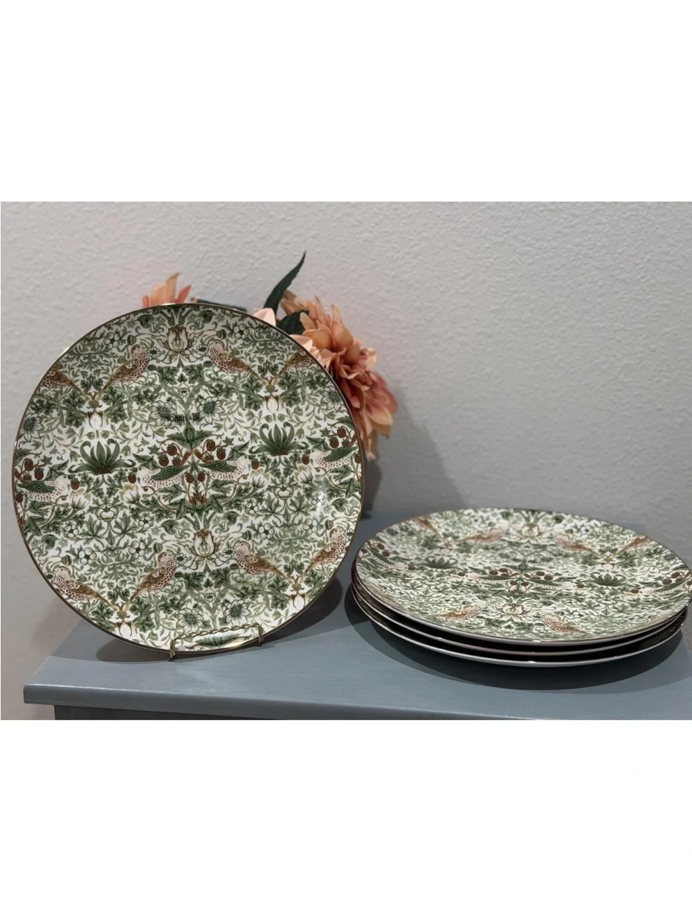 Set of 4 Morris & Co. Strawberry Thief Dinner Plates with Gold Rim/NEW